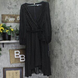 Tommy Hilfiger Womens Long Sleeve Sheer-Sleeve Surplice Dress Black / Gold 12